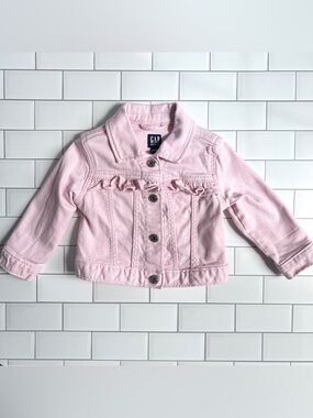 12-18🩷 GAP Pink Ruffle Baby Girl Denim Jean Jacket